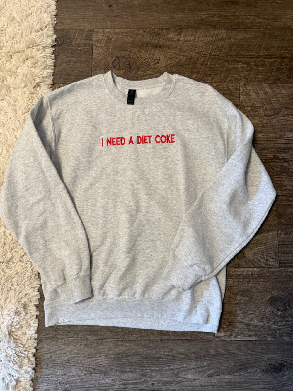 Gildan Gray Crewneck Sweatshirt with Red "I NEED A DIET COKE" Embroidery